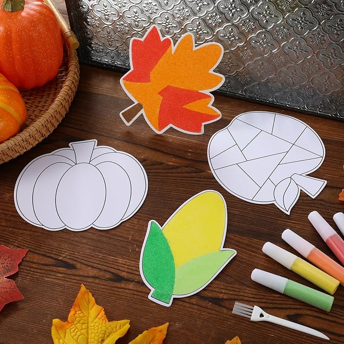 24 Sets Thanksgiving Sand Art Craft Kit for Kids Turkey Maple Leaf Pumpkin Fall DIY Sand Painting Kit with Colored Sand Brushes Make Your Own Sand Art for Thanksgiving Party Home Activities