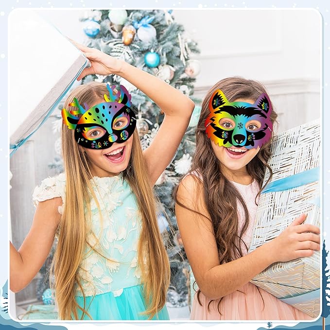 B1ykin 30Pcs Polar Animals Scratch Mask Gift Set, DIY Magic Winter Arctic Animal Scratch Masks Craft Kit for Kids, Color Paper Party Favors for Birthday School Classroom Art Activity Project