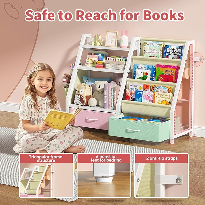 Twinkoo Kids Bookshelf and Toy Storage, Sturdy 3 Tier Kids Bookcase, Sling Bookshelf and 2 Toy Boxes, Toddler Montessori Bookshelf with Toy Organizer, for Kids Room, Game Room, Nursery