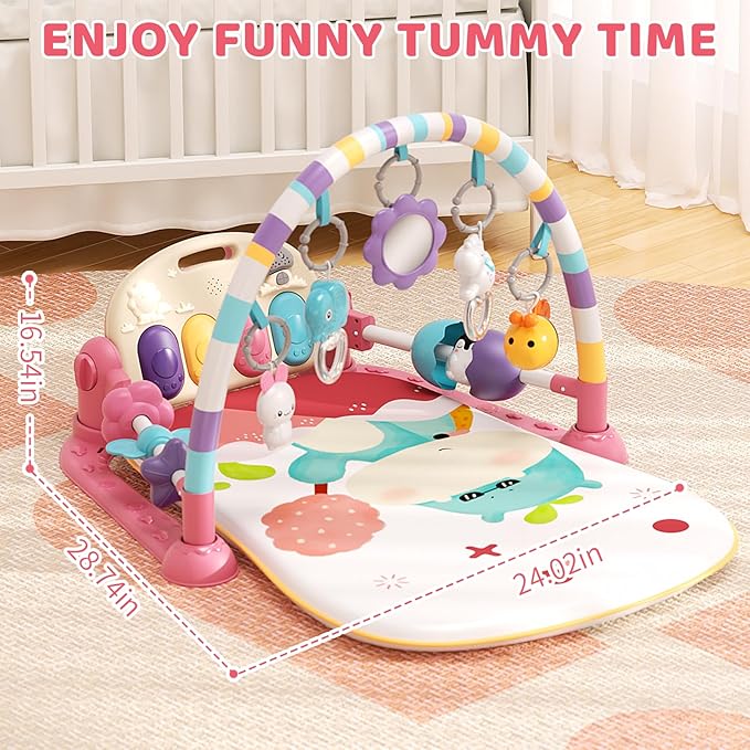 Jovow Baby Gym with Musical Piano,Baby Play Mat Tummy Time Baby Activity Gym Mat with 5 Infant Learning Sensory for Baby, Music and Lights Boy or Girl for Newborn（Pink）