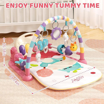 Jovow Baby Gym with Musical Piano,Baby Play Mat Tummy Time Baby Activity Gym Mat with 5 Infant Learning Sensory for Baby, Music and Lights Boy or Girl for Newborn（Pink）