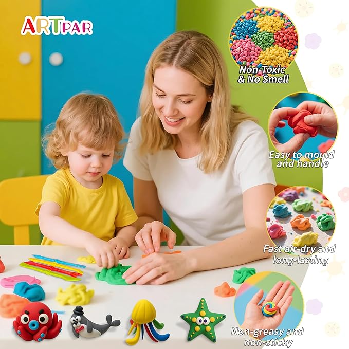 ARTPAR Kids Air Dry Clay Ocean and Transportation Set Combo, 12 Boxes of Modeling Magic Clay with Easy Tutorial Sculpting Tools, Soft & Non-Sticky, Classroom Prizes Birthday Party Gifts for Boys Girls