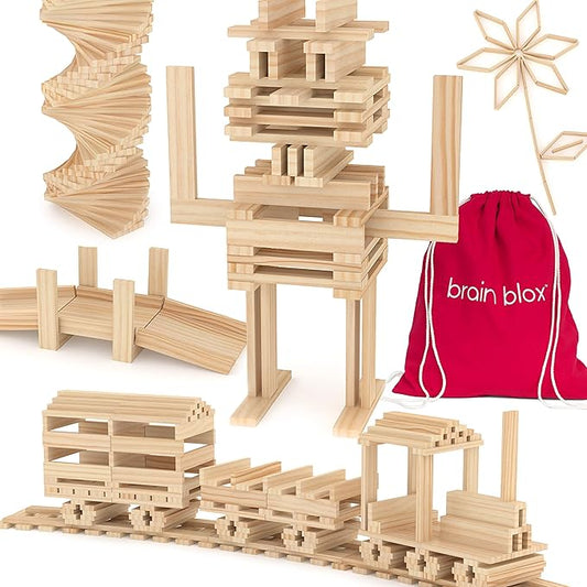 Natural Wooden Blocks for Kids Ages 4-8 - Montessori Blocks for Hands-on Learning - STEM and Architecture for Kids (200 Building Blocks)