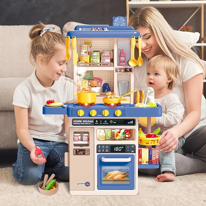 deAO Play Kitchen Set for Kids Boys 50PCS Play Kitchen Accessories with Sounds Light Steam Pretend Play Kitchen Toy Birthady Christams Gifts for Toddler Aged 2-12 Years