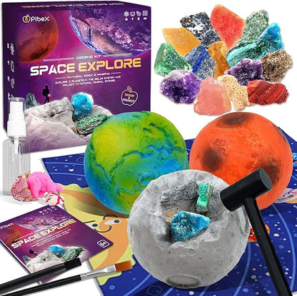 Gemstone Dig Kit, Dig up 15 Rocks & Minerals from Earth Moon Mars, Solar System Planets Geology Science Set, Space Rock Mining Toys for Kids, STEM Gift for Boys & Girls Age 6-8-12