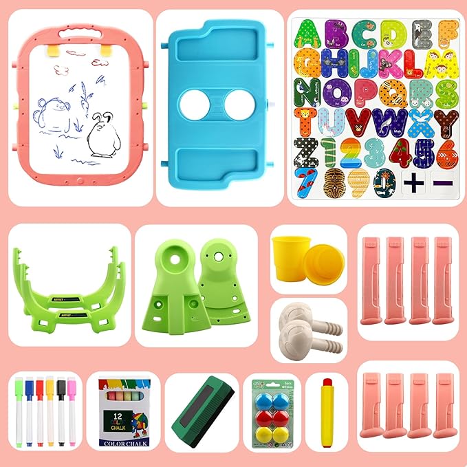 Kids Easel, Kids Toys Rotatable Double Sided Chalk Board Adjustable Height Standing Toddler Easel with 79pcs Accessories Art Set, Pink