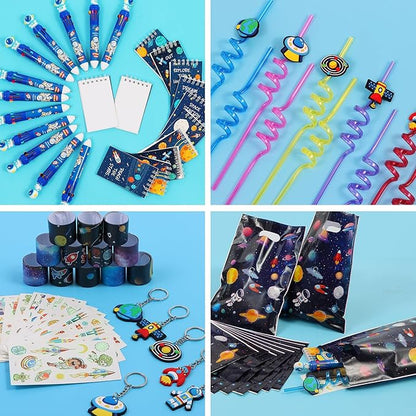 LiYiQ 87 Pcs Space Party Favors with Space Spiral Notebooks 10 in 1 Pen Reusable Straws Slap Bracelets Keychains Space Temporary Tattoo Stickers and Gift Bags for Kids Space Birthday Party Supplies