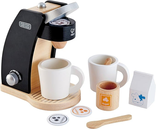 Hape Wooden Black Coffee Maker Kitchen Set with Accessories| Pretend Play Toy Set for Kids Ages 3 Years and Up