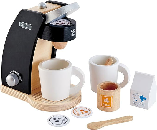 Hape Wooden Black Coffee Maker Kitchen Set with Accessories| Pretend Play Toy Set for Kids Ages 3 Years and Up
