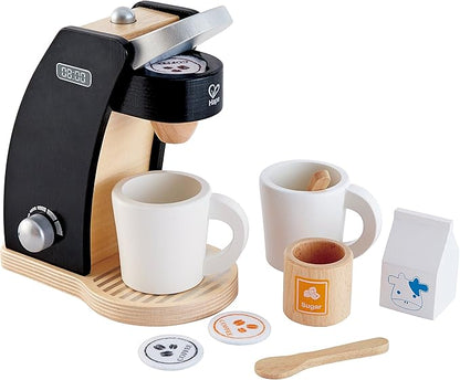 Hape Wooden Black Coffee Maker Kitchen Set with Accessories| Pretend Play Toy Set for Kids Ages 3 Years and Up