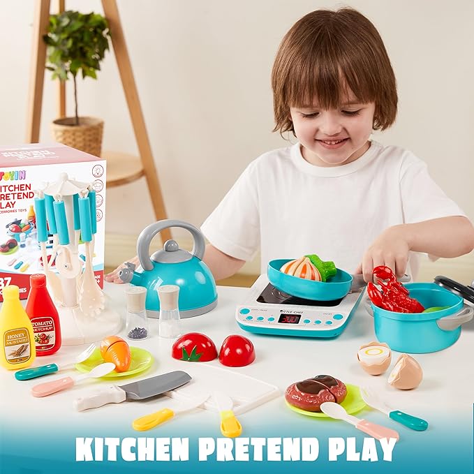 JOYIN Toy Food Set for Kids Kitchen, Pretend Play for Toddlers 1-3, Play Kitchen Appliances with Pots, Pans, Induction Cooker, Cutting Vegetables, Fake Food, Gift for Boys and Girls, Cooking Toy Set