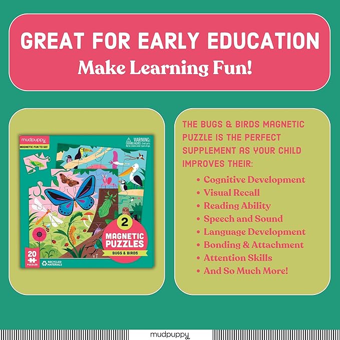 Mudpuppy Bugs & Birds - Tri Fold Magnetic Puzzles Featuring Two 20 Piece Bugs and Birds Themed Artwork