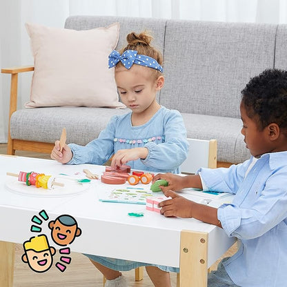 Teamson Kids Little Chef Frankfurt 27 Piece Play Kitchen Tablet with Recipes and Pretend Ingredients and Wooden Food Cutting Set, Multicolor/White , Green