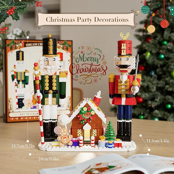 Nutcracker Christmas Decor Building Toys, Gingerbread House with Light, 2025 Xmas Gifts Ideas for Adults, Kids Girls Boys Ages 8-12, Compatible for Lego Christmas Village Decorations for Home