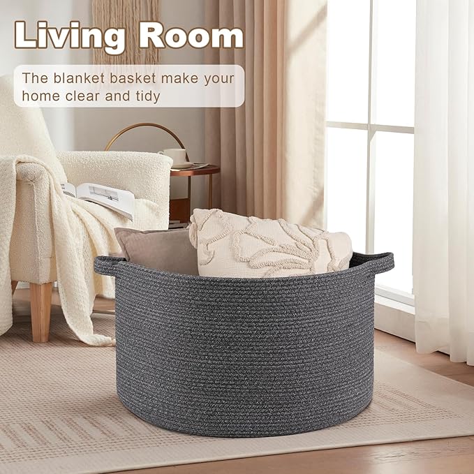 OIASKET Large Woven Baskets for Storage, 23.6" x 23.6" x 14.6" Blanket Storage Living Room, Baby Toy Basket for Clothes, Pillows, Towels, Shoe Basket for Entryway (Dark Grey)