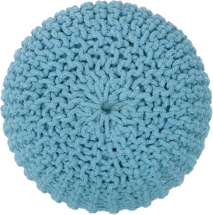 The Home Talk Ottoman Floor Poufs for Living Room Hand Knitted Foot Rest Comfortable Pouffe 100% Cotton Braid Cord Bean Bag for Armchair, Bedroom, Décor, 18"x18"x14", Turquoise