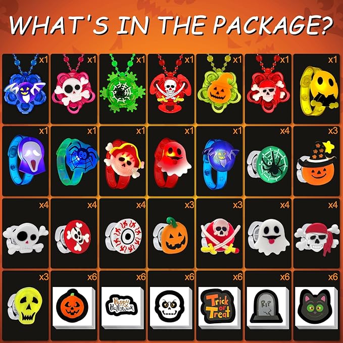 84 PCS Halloween Party Favors for Kids, Halloween Glow in the Dark Toys Rotating Spin Light Up Necklaces LED Rings Bracelets Decorations, Halloween Trick or Treats Goodie Bag Fillers Party Supplies