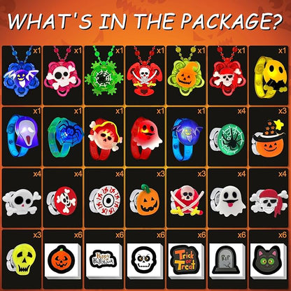 84 PCS Halloween Party Favors for Kids, Halloween Glow in the Dark Toys Rotating Spin Light Up Necklaces LED Rings Bracelets Decorations, Halloween Trick or Treats Goodie Bag Fillers Party Supplies