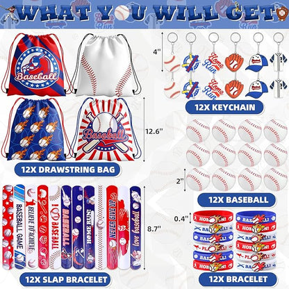 60 Pcs Baseball Party Favors, Baseball Birthday Party Favors Includes Baseball Bag Mini Baseball Wristband Keychain Slap bracelet for Kids Baseball Birthday Party Supplies