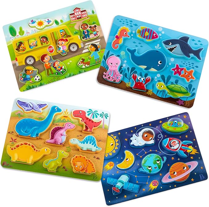B. toys- Peek & Explore 4-Pack: Bus, Sea, Space, Dino- Chunky Puzzle 4-Pack – Wooden Puzzles – Sea, Space, Bus, Dinos – 8 Pieces Each – 2 Years +