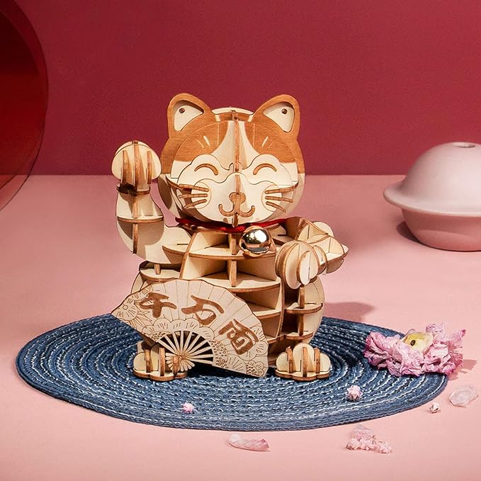 Rolife 3D Wooden Puzzle Lucky Cat -72pcs Japanese Maneki Neko Welcome Display Greeting for Blessing Good Fortune - Building Toys Gift for Kids/Grown-ups(Plutus Cat)