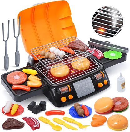 CUTE STONE Cooking Toy BBQ Set, 2 Layers Kids Grill Playset with Play Food, Pretend Smoke Sound and Light, Kitchen Accessories Utensils Toy, Outdoor Camping Barbecue Toys Gift for Toddlers Girls Boys