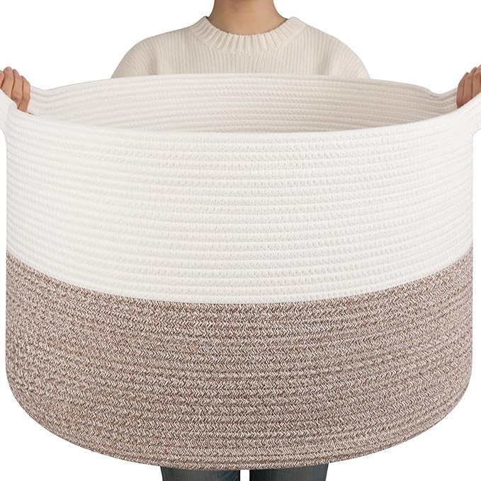 OIAHOMY 90L XXXLarge Blanket Basket for Living Room, 21.7" x 13.8" Woven Cotton Rope Laundry Basket for Organizing Pillows, Decorative Stuffed Animal Toy Storage Bin for Nursery, White and Linen Brown