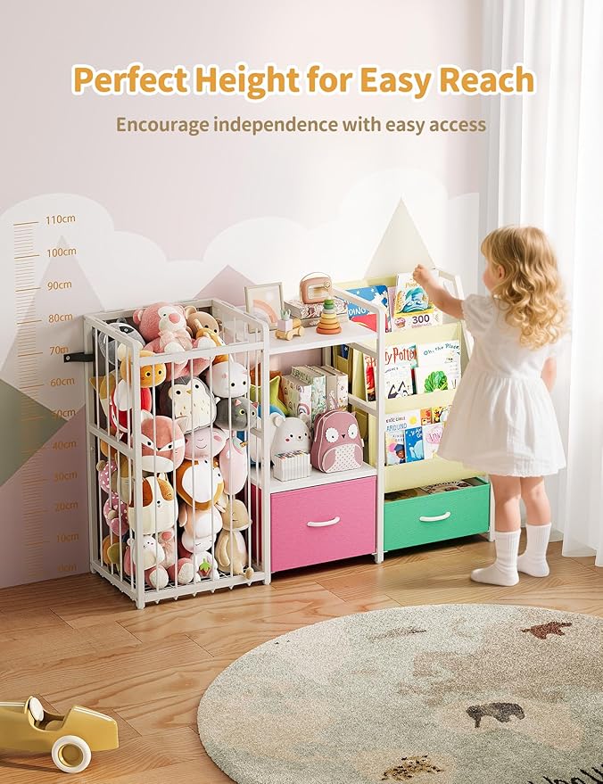 Twinkoo Kids Bookshelf and Toy Storage, Large 3 Tier Book Shelf for Kids Rooms, Sling Baby Bookcase with Stuffed Animal Storage, Toddler Montessori Bookshelf for Nursery, Playroom (Pink+Green)