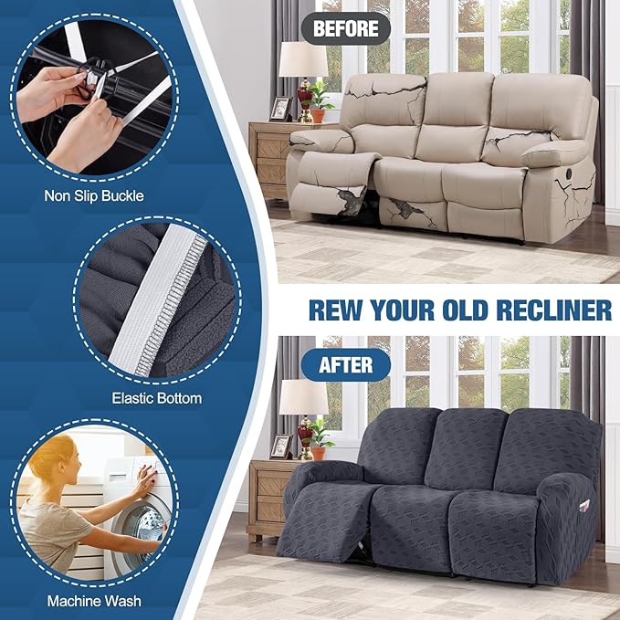 TAOCOCO Recliner Sofa Covers Stretch Reclining Couch Cover, Jacquard Recliner Couch Cover for 3 Seat Furniture Protector Sofa Slipcovers with Elastic Bottom for Kids, Pets (Dark Grey)