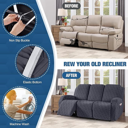 TAOCOCO Recliner Sofa Covers Stretch Reclining Couch Cover, Jacquard Recliner Couch Cover for 3 Seat Furniture Protector Sofa Slipcovers with Elastic Bottom for Kids, Pets (Dark Grey)