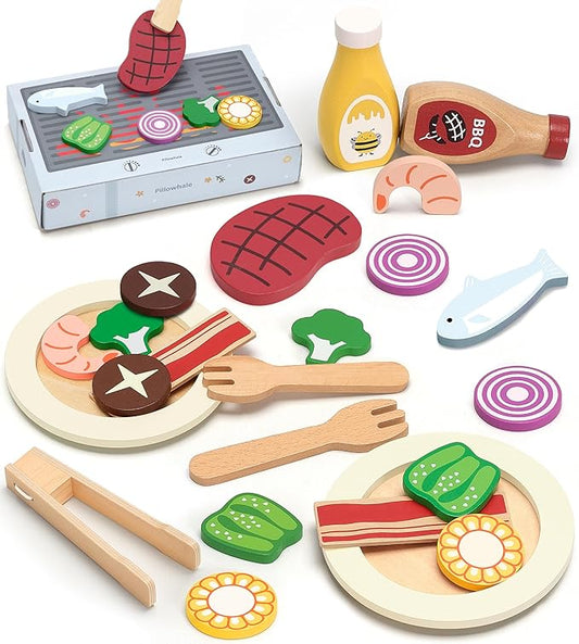 Play Food, Wooden Play Kitchen Food, Toy Food for Toy Kitchen and Grill, 24 Pcs Toddler Pretend Play with Play Dishes, Food Toys for Toddlers Boys Girls Ages 3+