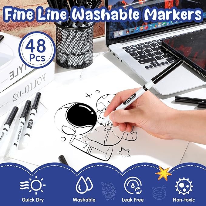 Janlaugh 48 Pcs Line Washable Markers Bulk Black Fine Tip Markers Set Thin Coloring Mark pens for Kids Black Tips Mark pen for Art School Supplies, Back to School Supplies, Ages 6+