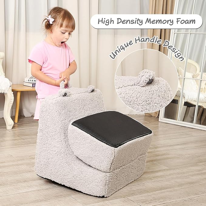 Cuddly Soft Toddler Couch with Cute Bear Ears, Kids Sherpa Lounge Sofa for Boys and Girls, Light Grey