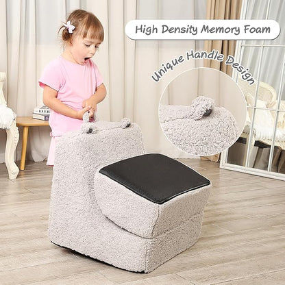 Cuddly Soft Toddler Couch with Cute Bear Ears, Kids Sherpa Lounge Sofa for Boys and Girls, Light Grey