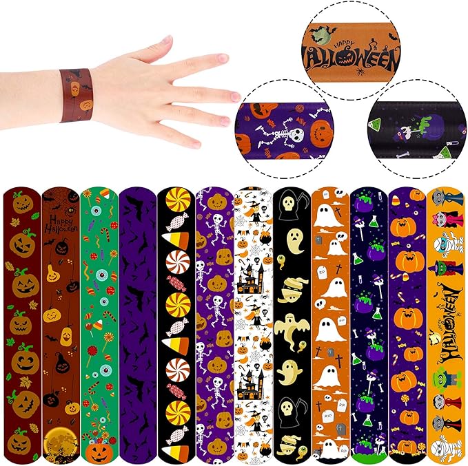 Elcoho 48 Pieces Halloween Slap Bracelets Toys Assorted Halloween Designs Snap Bracelets Wristbands for Craft Halloween Party Favors Exchanging Gifts