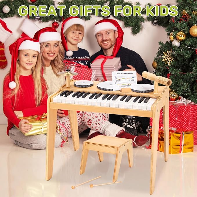 OATHX Kids Piano Keyboard, 37 Keys Digital Piano Toys with Drum Set and Stool, Volume Adjustable, 9 in 1 Musical Instruments for Kids Toddlers Baby Children, Wooden Mini Piano Gifts for Girls Boys 3+
