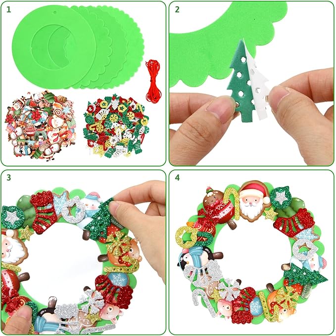 Christmas Foam Wreath Craft Kits 16PCS DIY Christmas Ornament Foam Sticker Holiday Activity for Kids Christmas Party Decoration Supplies