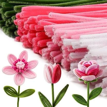 Caydo 200 Pieces Pink Pipe Cleaners for Flowers, Fluffy Craft Chenille Stems for Mother's Day Gift and Creative Arts Crafts Projects