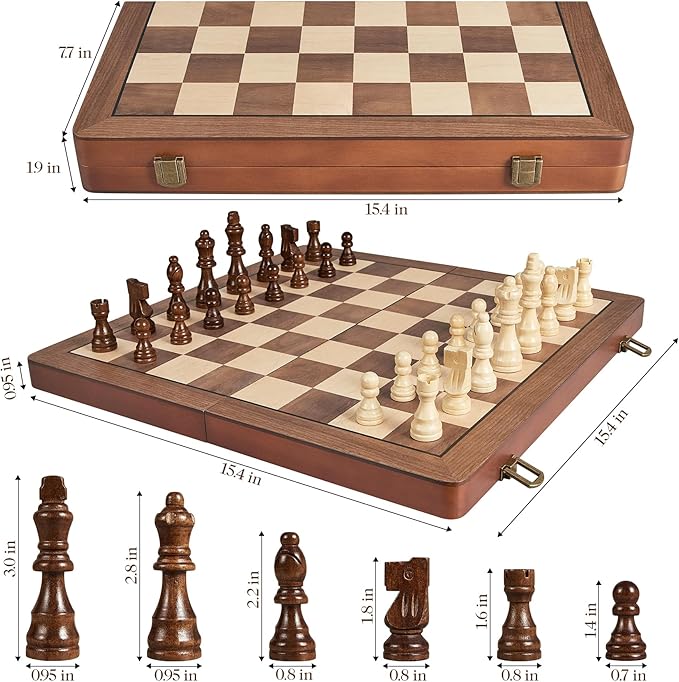 ELONGDI 15" Wooden Chess Set with Magnetic Pieces - Extra Queens - Folding Chessboard Portable Travel Tournament Chess Board Games for Adults Kids