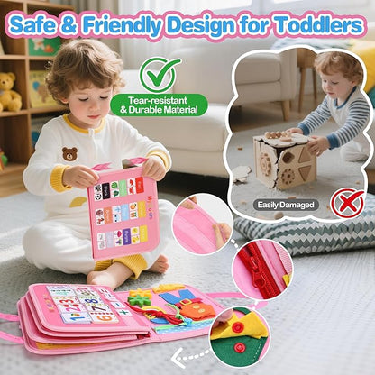 GONINO Toddler Busy Board Montessori Toys for 1-3 Year Old Girls, Sensory Busy Book for Toddlers 1-3, Learning Activities for Fine Motor Skills, Travel Toys for Airplane Car, Gifts for 1 Year Old Girl