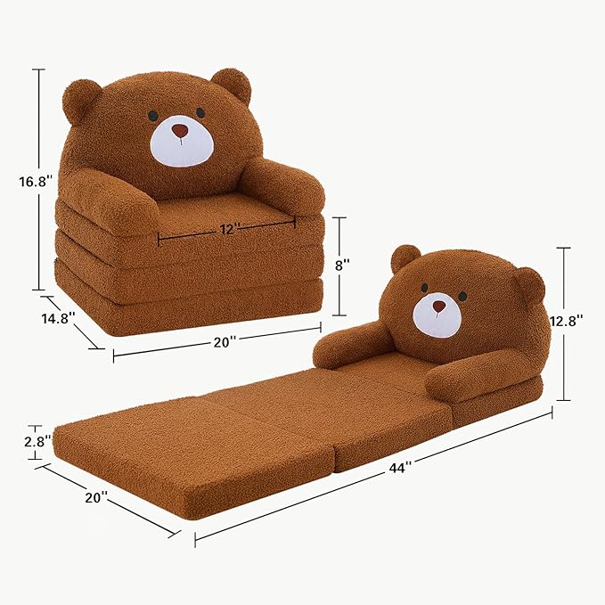 MOONBEEKI Comfy Toddler Chair, Kids Couch Fold Out to Lounger, Foldable Baby Sofa Plush for Girl and Boy Age 18 Months and Up （ Brown Bear）