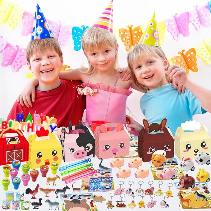 Farm Animals Party Favors Supplies 108 Pcs Birthday Party Decorations Goodie Boxes Bubble Wands Stampers Rubber Pigs Figures Keychains Pull Back Cars Slap Bracelets Stickers Toys For Kids Boys Girls