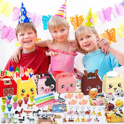 Farm Animals Party Favors Supplies 108 Pcs Birthday Party Decorations Goodie Boxes Bubble Wands Stampers Rubber Pigs Figures Keychains Pull Back Cars Slap Bracelets Stickers Toys For Kids Boys Girls