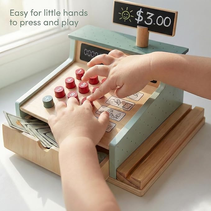 PairPear Wooden Toy Cash Register,Kids Pretend Play Money Counting Toys with Scanner and Credit Card,Toddler Cashier Toy Grocery Play Food Accessory for Pre-School Gift Boys Girls 3+