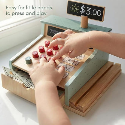 PairPear Wooden Toy Cash Register,Kids Pretend Play Money Counting Toys with Scanner and Credit Card,Toddler Cashier Toy Grocery Play Food Accessory for Pre-School Gift Boys Girls 3+
