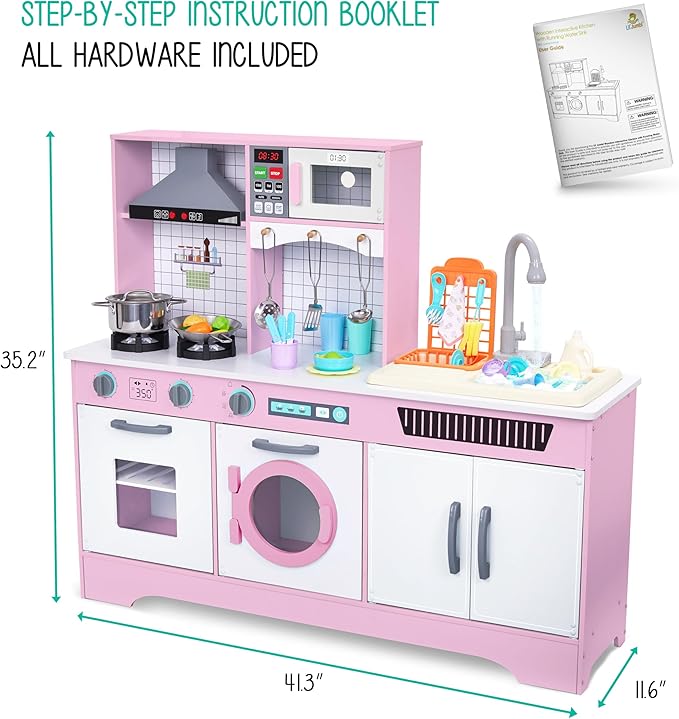 Lil' Jumbl Kids Wooden Pink Color Kitchen Set, Pretend Working Sink with Real Running Water, Includes Range Hood, Microwave & Stove Top That Make Realistic Sound & Light, Full Accessory Set Included