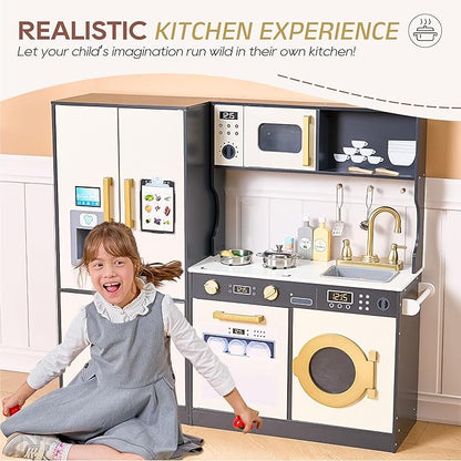 Kids Kitchen Playset with Realistic Design, Luxury Play Kitchen with Extended Storage Cabinets, Toy Kitchen for Toddlers with Coffee Counter, Cookware Accessories, Oven, Microwave (White and Black)