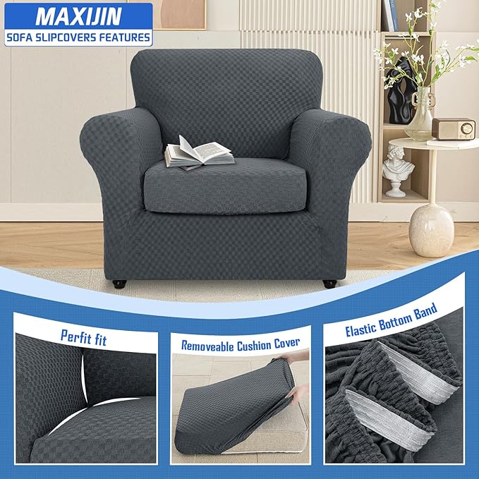 MAXIJIN 2 Piece Jacquard Chair Covers with Arms Super Stretch Non Slip Chair Slipcover for Living Room Dogs Pet Friendly Elastic Sofa Couch Protector Armchair Cover (Chair, Dark Gray)