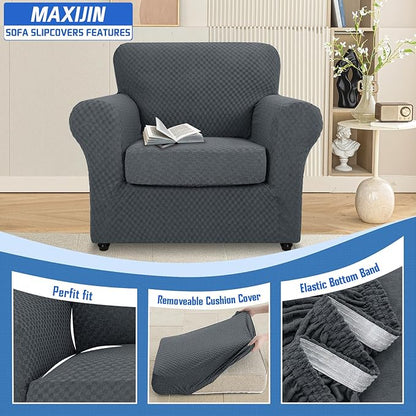 MAXIJIN 2 Piece Jacquard Chair Covers with Arms Super Stretch Non Slip Chair Slipcover for Living Room Dogs Pet Friendly Elastic Sofa Couch Protector Armchair Cover (Chair, Dark Gray)