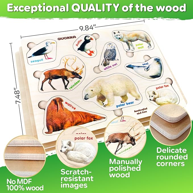 QUOKKA Wooden Puzzles for Toddlers 1-3 – 3xSET Kids Puzzles Ages 2-4 – Montessori Toy Puzzles for Toddlers 3-5 – Wood Toy Learning Realistic Insects - Arctic Animals - Birds for Boy and Girl
